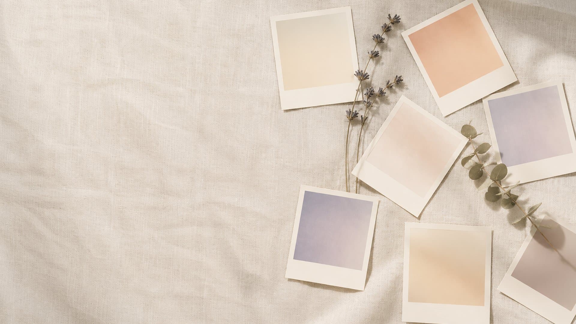 Polaroid photos and dried botanicals scattered on linen