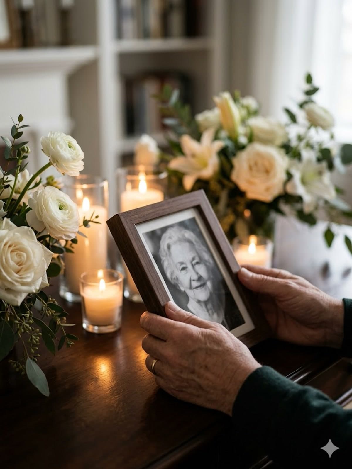 Quiet memorial service with candles and white flowers
