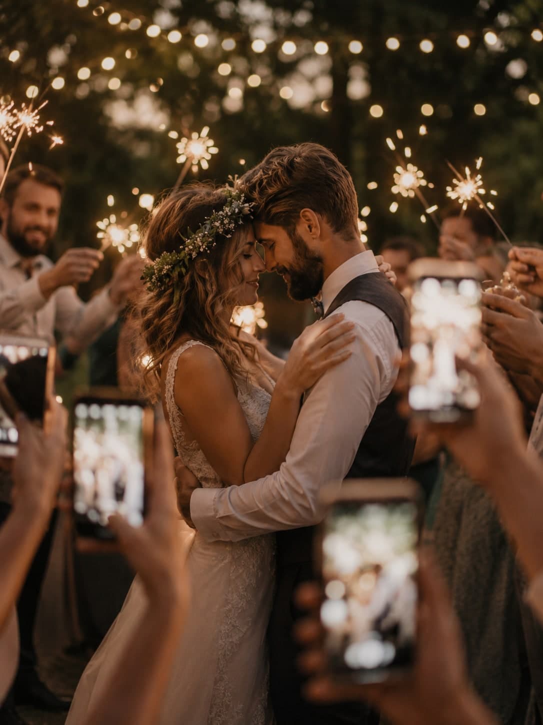 Outdoor garden wedding ceremony at golden hour