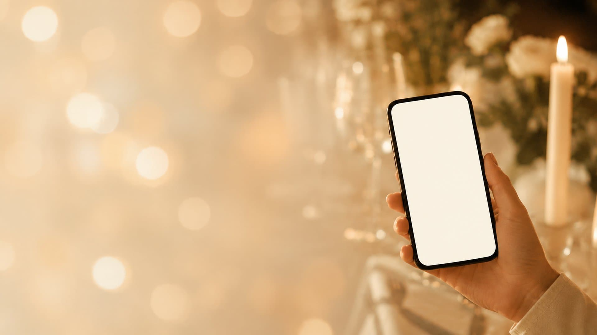 Hand holding a phone at a candlelit gathering