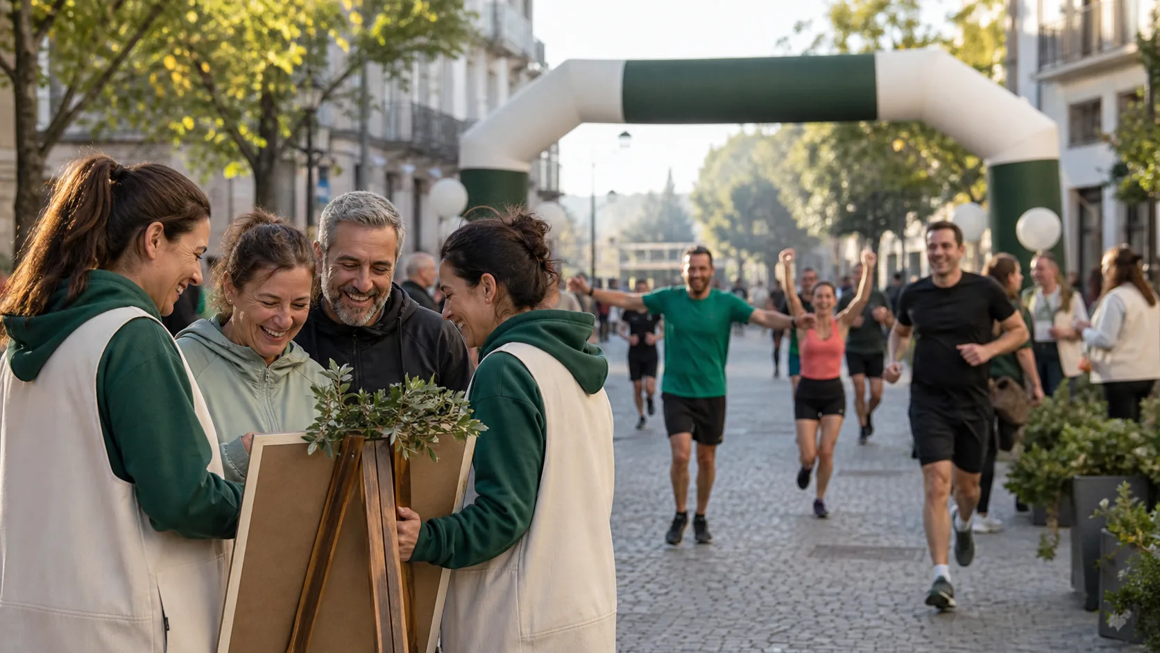 Adults participating in a community run in a city park